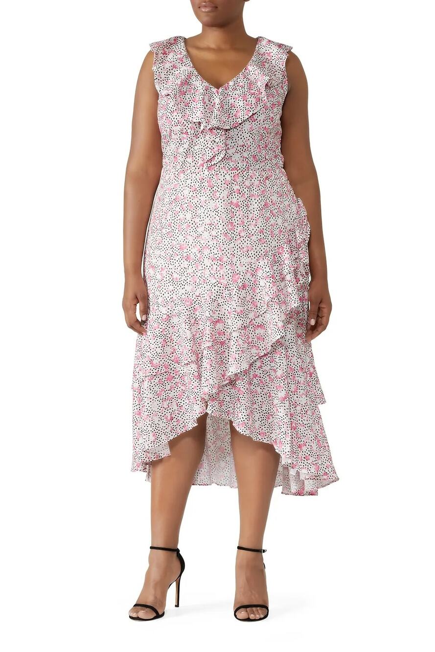Eloquii Floral Ruffle Asymmetrical Sweetpea Midi Dress
